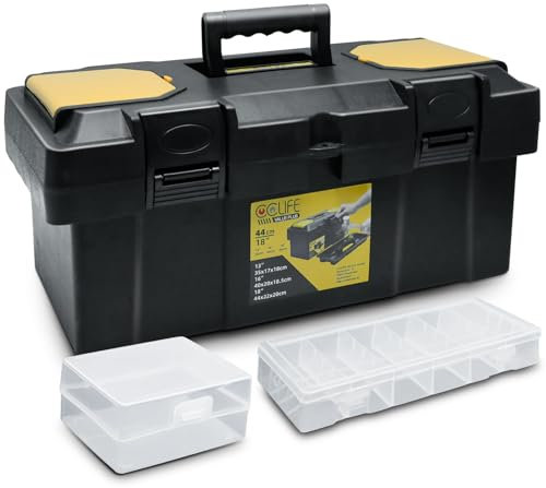 CCLIFE Caja Herramientas Vacia 18 con Bandeja Extraíble, Caja de Herramientas vacía con 2 pequeñas cajas de almacenamiento y asa plegable, Negro/amarillo, 44 x 22 x 20cm
