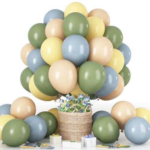 Luftballon Salbeigrün Gelb Blau, 60 Stück 12 Zoll Retro Sage Grün Macaron Pastell Gelb Weiß Sand Beige Dusty Blau Latex Helium Ballon für Geburtstag Party Deko Bee Babyparty Hochzeit Dekorations