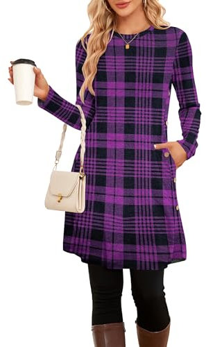 SENBATU Robe Pull Femme Hiver Dames à Manches Longues Robe Noel Femme Robe Tunique Boutons latéraux avec Poches Plaid Violet et Noir Grand