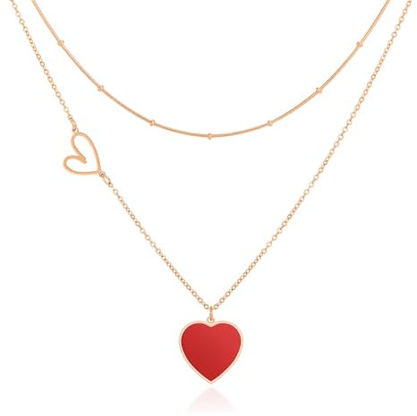 Linawe Rot Herz Anhänger Kette Edelstahl Damen, Halsketten für Frauen, Kette mit Herz Kettenanhänger Rosegold, Schmuck Jewelry Schmucksets für Damen, Herzkette Layering Kette