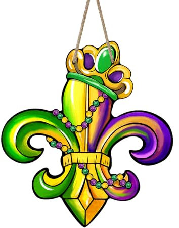 Deroro Mardi Gras Fleur De Lis Front Door Sign, New Orleans Carnival Wood Door Hanger Outdoor Outside Porch Decor, Crown Beads Wooden Wreath Indoor Wall Hanging Decoration