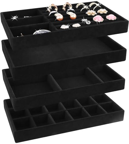 LWAIX Schmuckaufbewahrung Schublade Schmucktabletts Schmuck Organize Schmuck Organizers Schubladen für Schmuck Schubladeneinsatz Aufbewahrung Ordnungssystem Ohrringe Armband Ringe 4PCS (Schwarz)