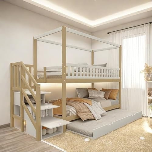 Zepneiy Etagenbett, 90 x 200 cm, Form Haus, mit Treppe zur sicheren Aufbewahrung, mit Ausziehbett, Farbe Weiß + Holz (Matratze nicht im Lieferumfang enthalten)