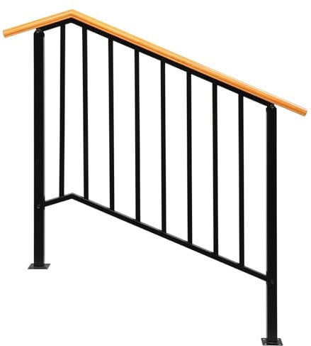Bonnlo Outdoor Handrail for Stairs Fit 3 Steps, Hand Rails Outside Steps with Installation Kit, Galvanized Iron Handrail for Garden, Woodden Handle