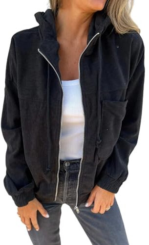 Schicke Und Gemütliche Wolljacke, Cordjacke Für Damen, Kapuzenjacke Mit Langen Ärmeln Und Reißverschluss Für Damen, Lässiges Sweatshirt Mit Langen Ärmeln Und Kordelzug Und Tasche (Schwarz,4XL)