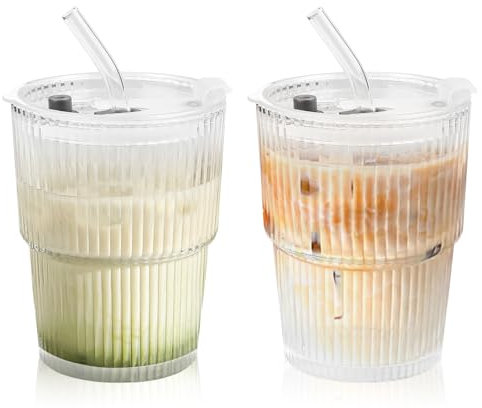 Wvu & Wvo Set of 2 400 ml Glass Cups with Lid and Straw, Airtight Waterproof Design Glass Cup Set, Glass Smoothie Cup Bubbles Tea Cups Juice Glass Milk Drinking Cup for Juice, Milk, Coffee