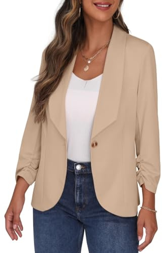 PrinStory Blazer da donna con colletto a risvolto 3/4 maniche increspate giacca con un bottone cardigan corto blazer da ufficio abbigliamento casual