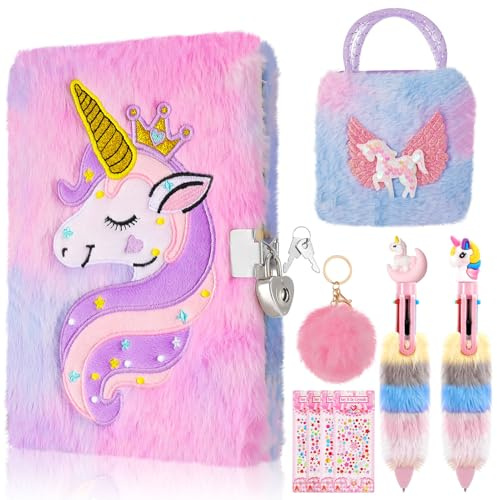 Candcamp 9 Pcs Unicorn Secret Diary With Lock Key Fluffy Secret Notebook Unicorn Journals With Wallet Pen Stickers Bracelet Fluffy Keyring For Kids Girls Age 6-10