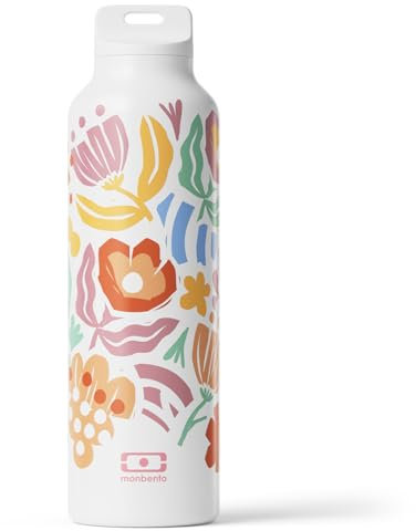 MONBENTO - Bouteille isotherme Steel graphic Papercut - Gourde Isotherme Inox 500ml avec Infuseur Thé/Fruit - Garde Boissons Chaudes/Froides - Bouteille Inox Idéale Bureau/Pique-nique/Sport - Fleurs