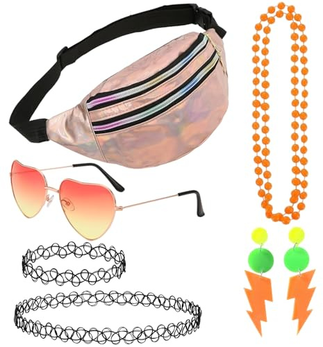 Snyvpra 8 Stück 90er jahre outfit damen Set, Holographische Bauchtasche mit Herz Brille und Schmuck. Perfekte 90er jahre accessoires und festival outfit damen für Retro Motto Party