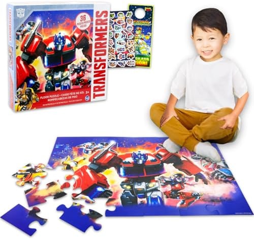 Transformers Bodenpuzzle für Kinder – Paket mit 36 Teilen Bodenpuzzle Optimus Prime plus Aufklebern, mehr | Transformers Puzzles für Kinder im Alter von 4–8 Jahren