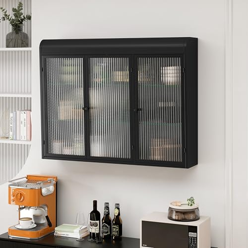 3 Door Arched Wall Mounted Glass Cabinets for Kitchen, Living Room and Bathroom(Black)