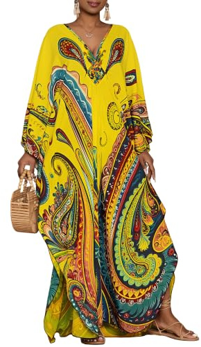 Bsubseach Moo Moos for Women Batwing Sleeve Kaftan Dresses with Pockets | Paisley Ethnic Print,Deep V Neck,Side Slit Hem,Lightweight & Breathable Fabric