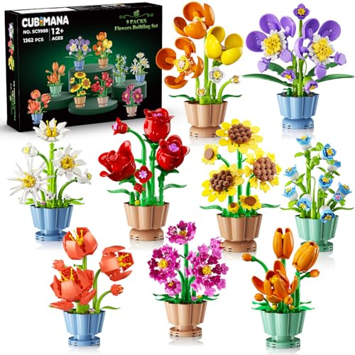 Lot de 9 Collection Botanique Fleurs, Set Construction 3,6 mm, Plantes et Fleurs à Construire, Fleurs Artificielles Décoration Maison Bureau, Cadeau Anniversaire Saint-Valentin Adultes 12+（1362PCS）