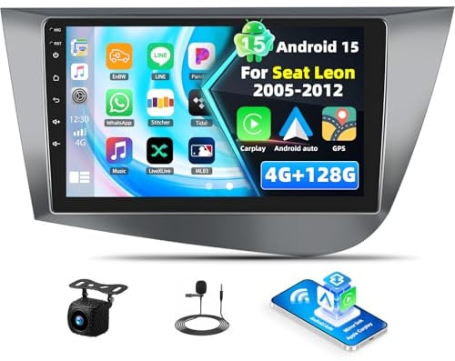 SIXTOP 4+128G Android 15 Radio Coche para Seat Leon mk2 2005-2012 Pantalla Radio Coche 9 Pulgadas con CarPlay Inalámbrico Android Auto Bluetooth 5.0 GPS WiFi FM/RDS 32EQ Mic Cámara de Marcha