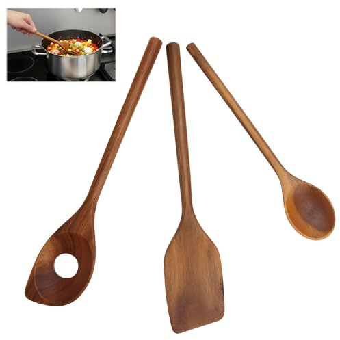 Ustensiles de cuisine bois 3 pièces, Spatule bois, cuillère en bois, louche en bois, Set de cuillères en bois cuisine anti-rayures et durable