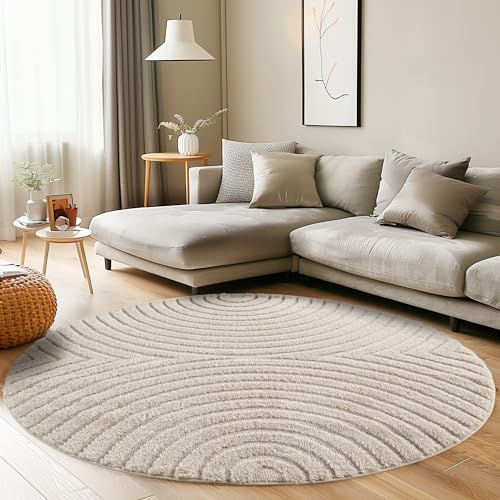 Carpettex Wohnzimmer Teppich Rund 80 cm Creme Hochflor Skandi Boho Design Hoch-Tief Effekt Weicher Shaggy Langflor Flauschig Pflegeleicht Modern für beistelltisch