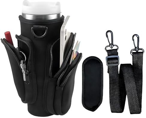XINGSUI 1 Piece Water Bottle Carrier Bag, for Hiking,Travelling,Camping | Neoprene, black, with front pocket, adjustable shoulder straps, key ring, protects the cup from scratches and knocks