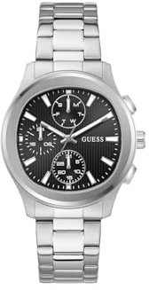 Guess Palmer Herren Armbanduhr, Quarz Analog, Edelstahl, 40mm, Edelstahlarmband, Silber, 5 bar, Zifferblattfarbe: Schwarz, GW1048G1