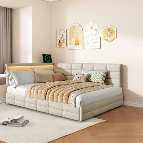 AONYAYBM Polsterbett Schlafsofa 140x200, Doppelbett mit LED und USB, Jugendbett mit 2 Schubladen Stauraum, Tagesbett mit Lattenrost, Sofabett, Gästebett, Bettgestell, Leinen Beige, ohne Matratze
