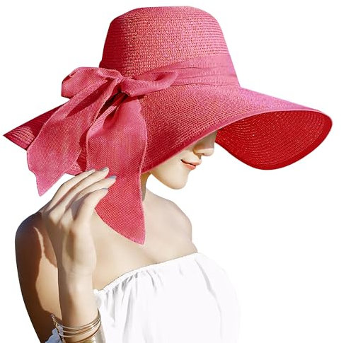 Lanzom Sombrero de paja con lazo grande para mujer de 5.5 pulgadas, grande, plegable, enrollable, para playa, sombrero de sol UPF 50+, Rojo -, Talla única