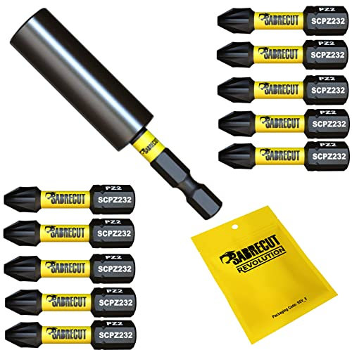 11-teilige SabreCut SCRK3 magnetische 32-mm-PZ2-Schraubendreher-Schlagbits und 60-mm-Profi-Schlagbithalter kompatibel mit Dewalt Milwaukee Makita Bosch und anderen