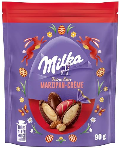 Milka Feine Eier Marzipan 1 x 90g I Osterschokolade Einzelpackung I für das Osternest und zum Verstecken I Süßigkeiten zu Ostern aus 100% Alpenmilch Schokolade