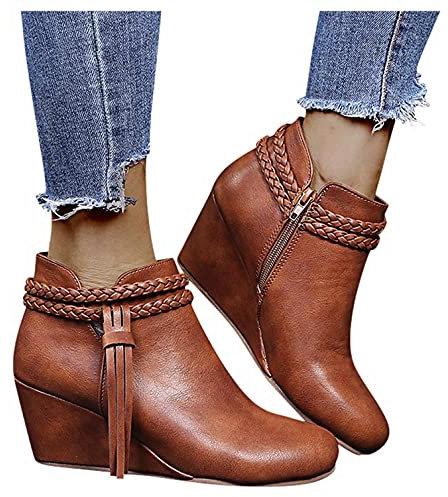 Pitashe - Stivaletti da donna in pelle con zeppa, con chiusura a zip, per autunno e inverno, stivali da lavoro, Donna, marrone, 36 EU