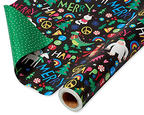 American Greetings Geschenkpapier für Kinder, Dinosaurier, Yetis und Einhörner, wendbar, Schwarz, 1 Jumbo-Rolle, 76,2 cm x 21,3 m