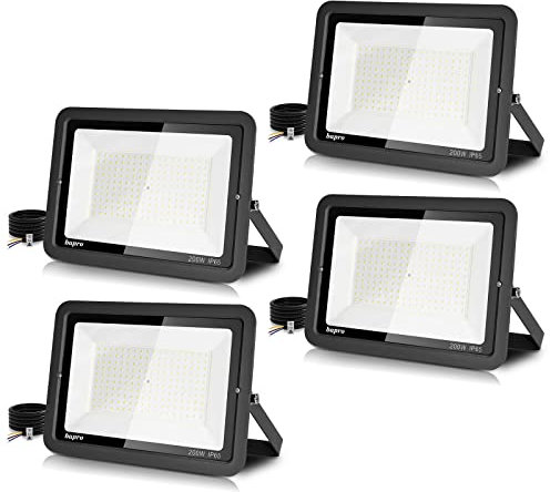 loyal 4 Stücke LED Strahler Außen 200W, 20000LM Superhell LED Strahler Innen, Warmweiß 3000K LED Fluter Aussen, IP65 Wasserdicht LED Scheinwerfer, Baustrahler für Garage, Hotel, Gärten