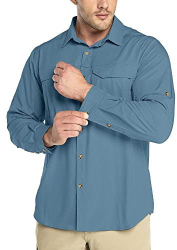 Outdoor Ventures Men's Shirts Safari Shirt Roll-Up Sleeve UV Shirts Quick Dry Lightweight Hiking Shirt with Pockets for Walking Fishing Travelling Ocean Blue M
