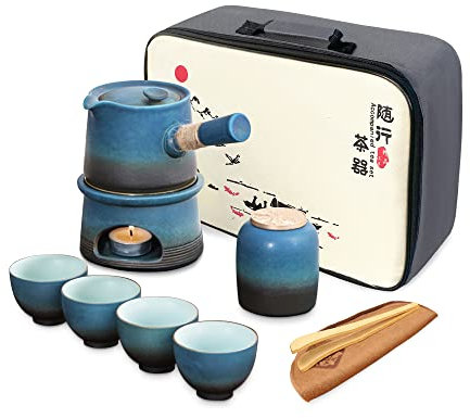 fanquare Japanischer Teeservice Traditionell, Ofenglasiertes Kungfu Teeset Reise, Blaues Chinesisches Teekannen Set mit 4 Keramiktassen, Teekanne, Stövchen