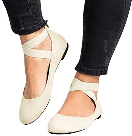 ticticlily Ballerine Bout Rond pour Femme Ballerines Sangle de Cheville Enfiler Chaussure Confortable Casual Été Plate Ballet Shoes Slip-on Nu Pieds Printemps A Beige 42 EU