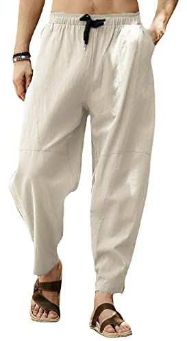Cooleep Pantaloni Lino Uomo Estivi Casual Pantaloni Elasticizzati Leggeri da Yoga Spiaggia Khaki XXL