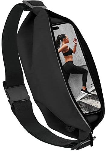 moex® Easy Bag für Apple iPhone 14 Pro Max Laufgürtel für Handy, Lauftasche Jogging, Handytasche zum Joggen, Sport Bauchtasche wasserdicht, Fitness Running Belt – Schwarz