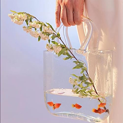 Glasvase mit elegantem Geldbörsen-Design, Handtaschenvase mit Fischschale, einzigartige Blumenvase mit Griff und Blasen – für Heimdekoration/Büro/Garten/Hochzeitsdekoration/Enterpiece/Events