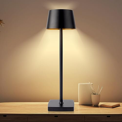 Seihoae LED Tischlampe Kabellos, 6000mAh Akku, IP54 Wasserdicht, Alle Aluminiumlegierungen, Berühren Dimmen, Warmes Licht, für Schlafzimmer Coffee Buffet Restaurant, Schwarz