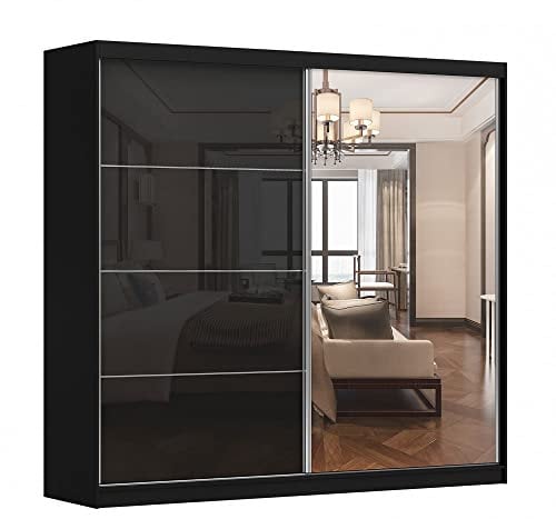 Kleiderschrank M31 mit Spiegel 233 cm, Schwebetürenschrank, Garderobeschrank Schlafzimmer; Wohnzimmerschrank; Korpus Schrank Farbe: Schwarz; Farbe der Schrankfront: Schwarz Hochglanz- 2 Schiebetüren