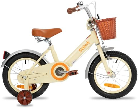 STITCH 12 Zoll Kinderfahrrad für 2 3 4 Jahre Mädchen, Kinderfahrrad mit Vorderkorb & Stützrädern für 2-4 Jahre Kinder,Beige…