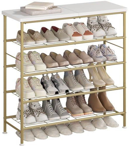 SUOERNUO Schuhregal, Organizer, 5 Etagen, für Schrank, Eingang, freistehend, Metallaufbewahrung, Schuhregal mit MDF-Platte, Gold