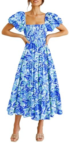 PRETTYGARDEN Women's Casual Summer Midi Dress Puffy Short Sleeve Square Neck Smocked Tiered Ruffle Dresses (Floral Blue,Large)