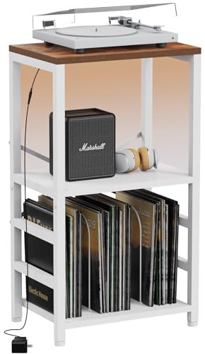 YAKANJ End Table with LED Light,Record Player Stand with Albums Storage,Vinyl Records Storage,Turntable Stand Side Table for Music Room Studio Living Room Bedroom-White