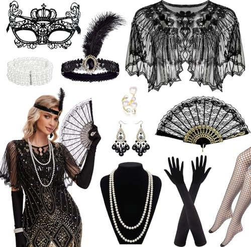 20er Jahre Accessoires Gatsby Kostüm Damen Roaring 20's Theme Party Outfit Schal Karneval Faschingskostüme Kostüm Frauen mit Stirnband, Kopfbedeckung, Handschuhen, Halskette, Ohrringen, Schwarz