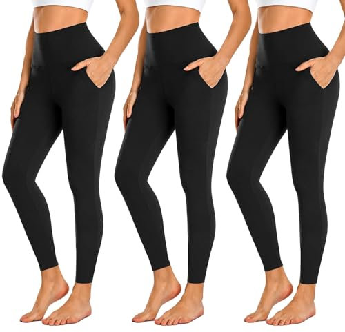 FuelMeFoot 3 Pack Leggings Damen mit Taschen High Waisted Leggins Blickdicht Bauchkontrolle Elastische Sportleggings Workout Yoga Gym.C1-Schwarz/Schwarz/Schwarz L/XL