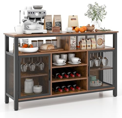 COSTWAY Kitchen Buffet Sideboard, 2-Door Wine Storage Cabinet with Wine Racks, Glass Holders & Shelves, Wooden Server Cupboard for Dining Living Room (Rustic Brown+Black)