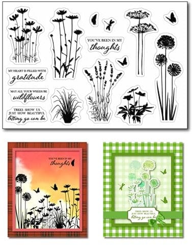 arriettycraft Transparente Stempel für Kartenherstellung oder Journaling, Silhouetten-Wildblumen-Motive, Motiv: Löwenzahn, Gänseblümchen, Lavendel, Gummistempel, Gras, Silikonstempel für Scrapbooking,