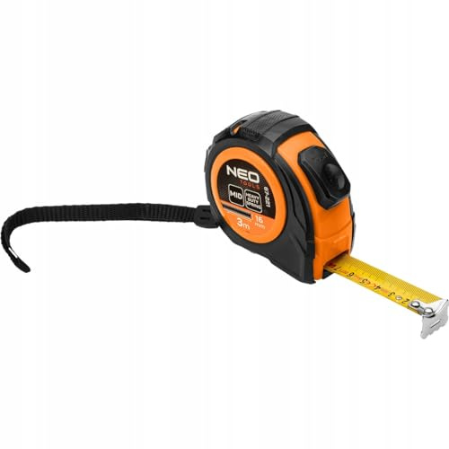 NEO TOOLS Professional Maßband 3 m - Nylon Beschichtung des Maßstabs - 2 Stopp-Tasten - Bandbreite 16 mm - Automatischer Bandstopp - MID-Genauigkeit - Anti-Rutsch Gehäuse, Gürtelklemme