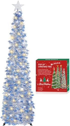 HMASYO Albero di Natale Artificiale Sottile 150cm a Paillettes Luccicante con Luci Integrate e Timer, Montaggio Istantaneo, Pieghevole - Decorazione per Interni Casa, Appartamento, Veranda, Feste