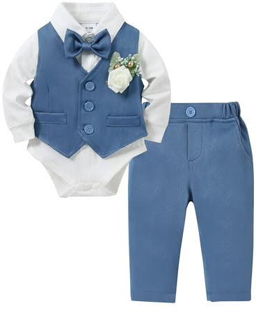 SOLOYEE Baby Boys Formal Suit, Infant Gentleman Wedding Outfit Newborn Bodysuit + Pants + Waistcoat + Bow Tie + Corsage Christening Clothes 5Pcs Set (Blue, 12-18 Months)