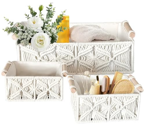 3er Set Makramee Aufbewahrungskörbe,geflochtener Geschenkkorb,Boho mit Griffen, gewebter Brotkorb aus Baumwollseil,Dekokorb für Badezimmer,Schlafzimmer,Küche und Regal (3er Set)